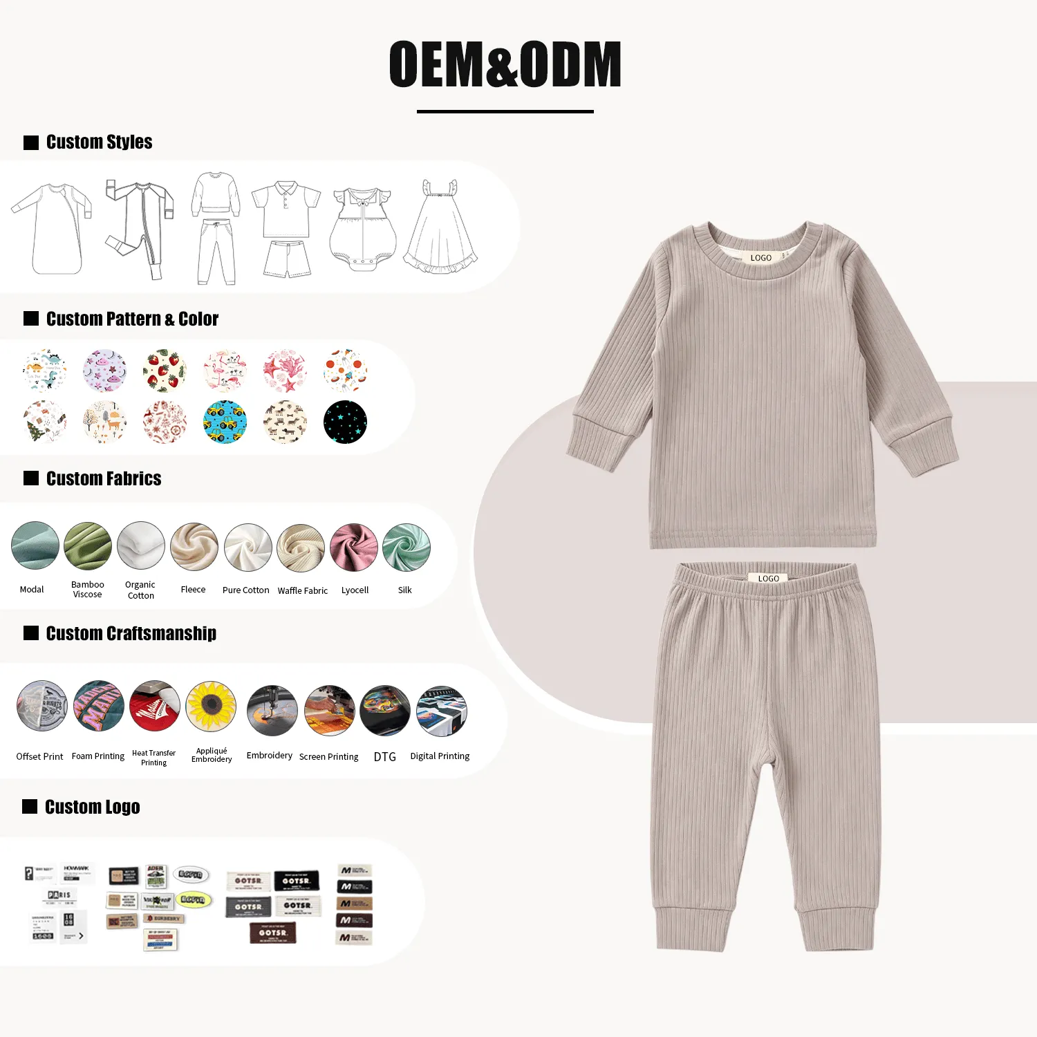 Custom Ribbed Baby Pajamas Sets Design Logo