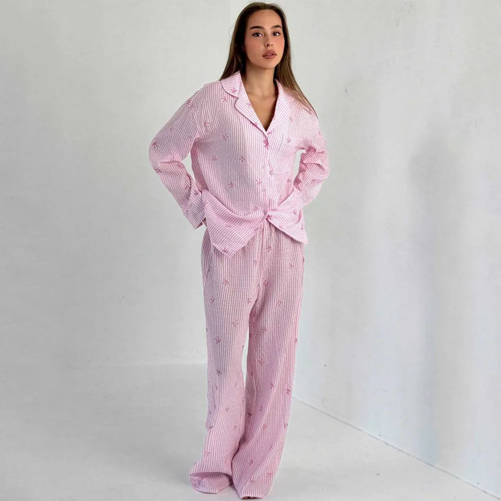 Women 2 Piece Striped Cotton Lounge Set Loose Fit Home Wear