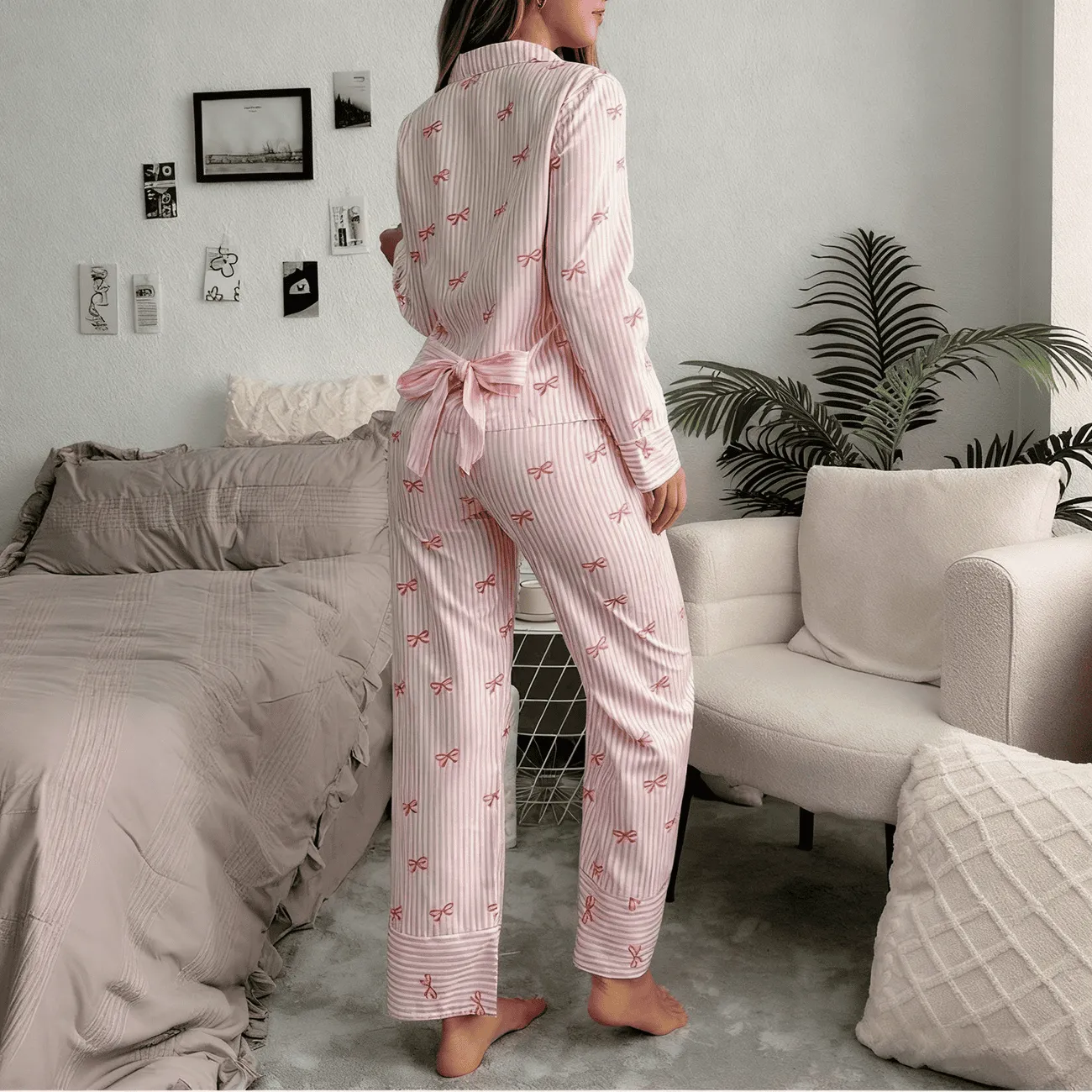 Women 2 Piece Striped Cotton Lounge Set Loose Fit Home Wear