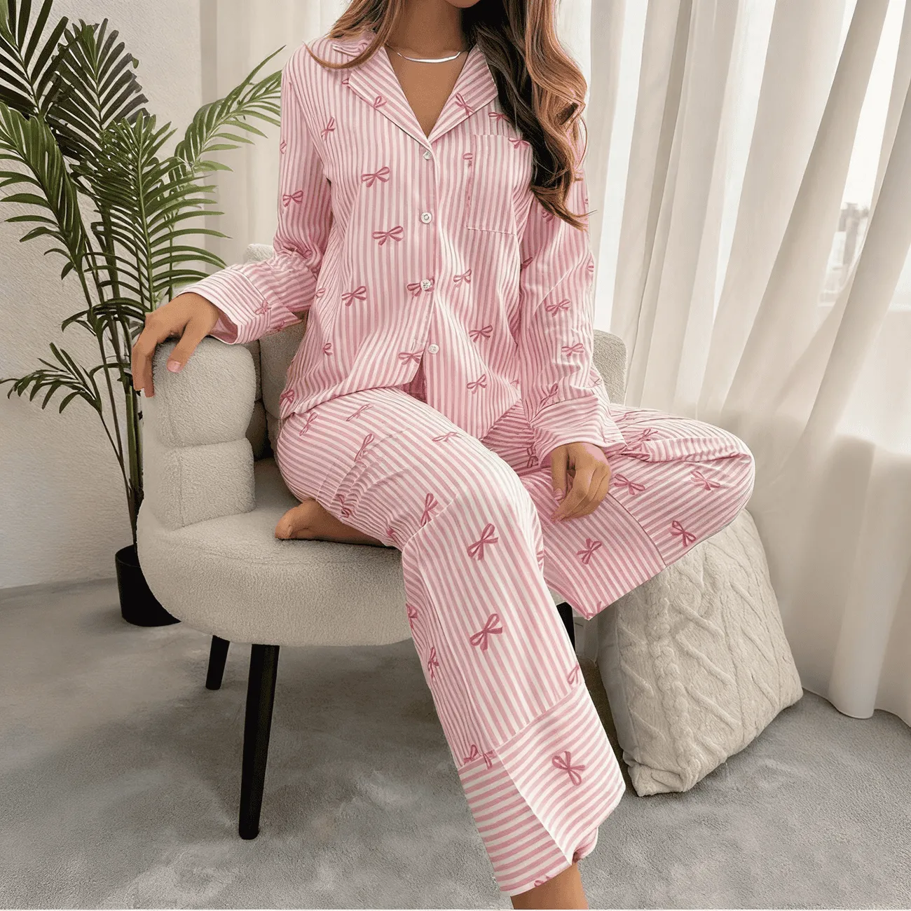 Women 2 Piece Striped Cotton Lounge Set Loose Fit Home Wear