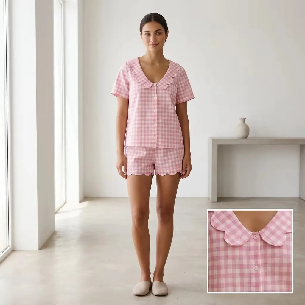 Custom Logo 100 Cotton Gingham Pajamas Set Wholesale Plaid Sleepwear