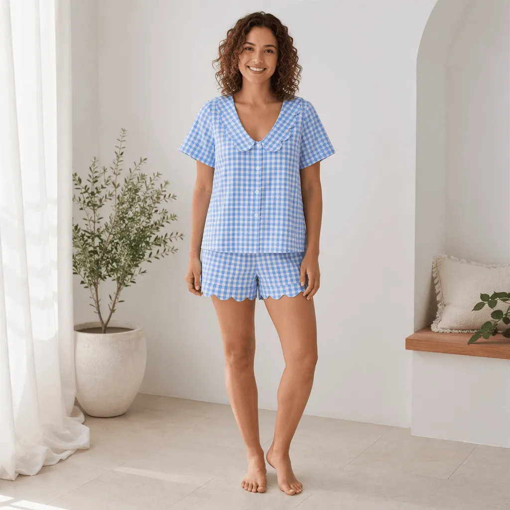 Custom Logo 100 Cotton Gingham Pajamas Set Wholesale Plaid Sleepwear