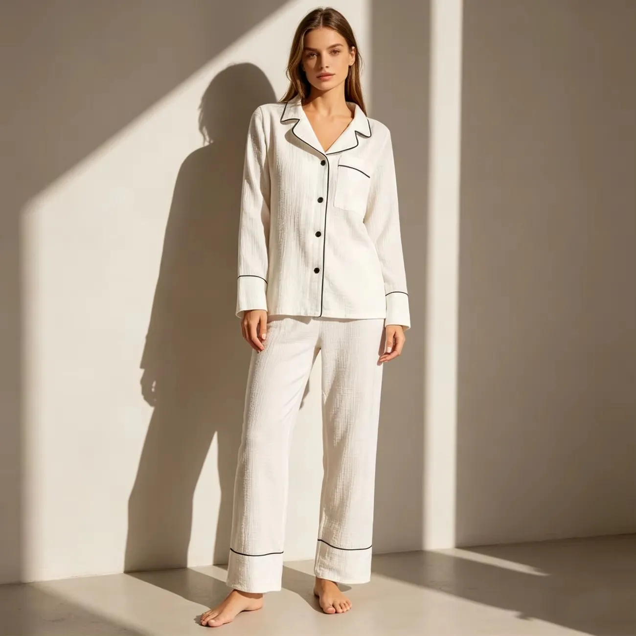 Custom Crinkle Cotton Gauze Pajama Set Women OEM Sleepwear