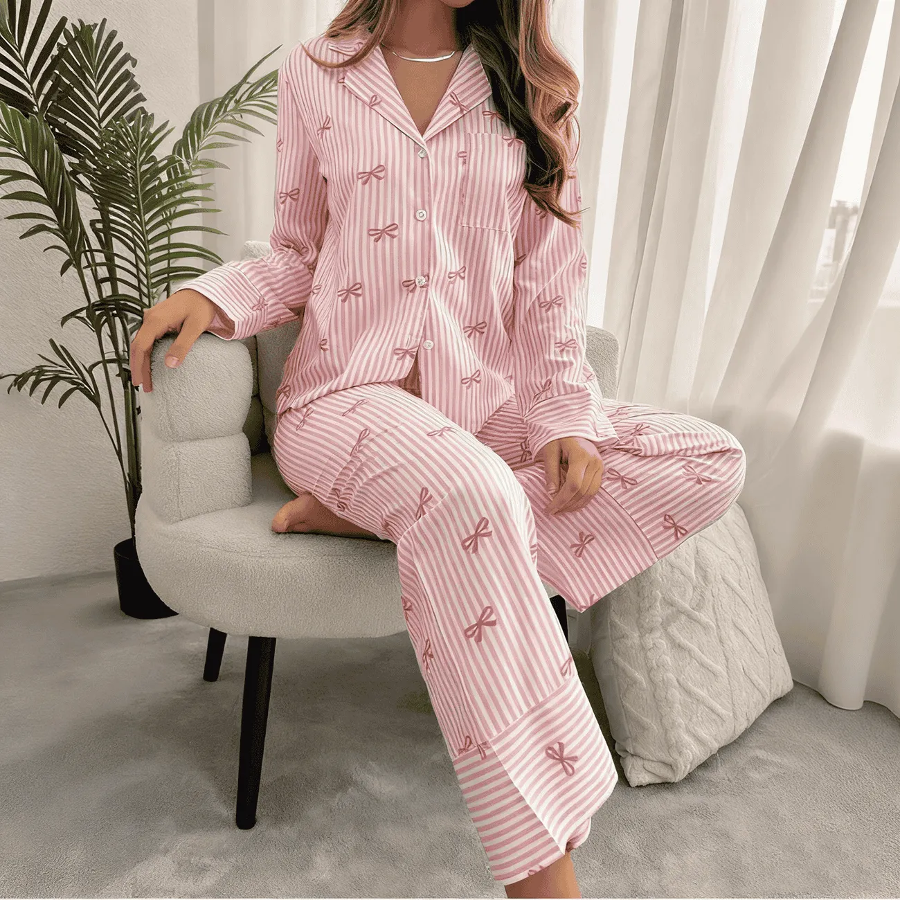 Custom Womens Pink Striped Bow Print Pajama Set Long Sleeve Button Front Sleepwear