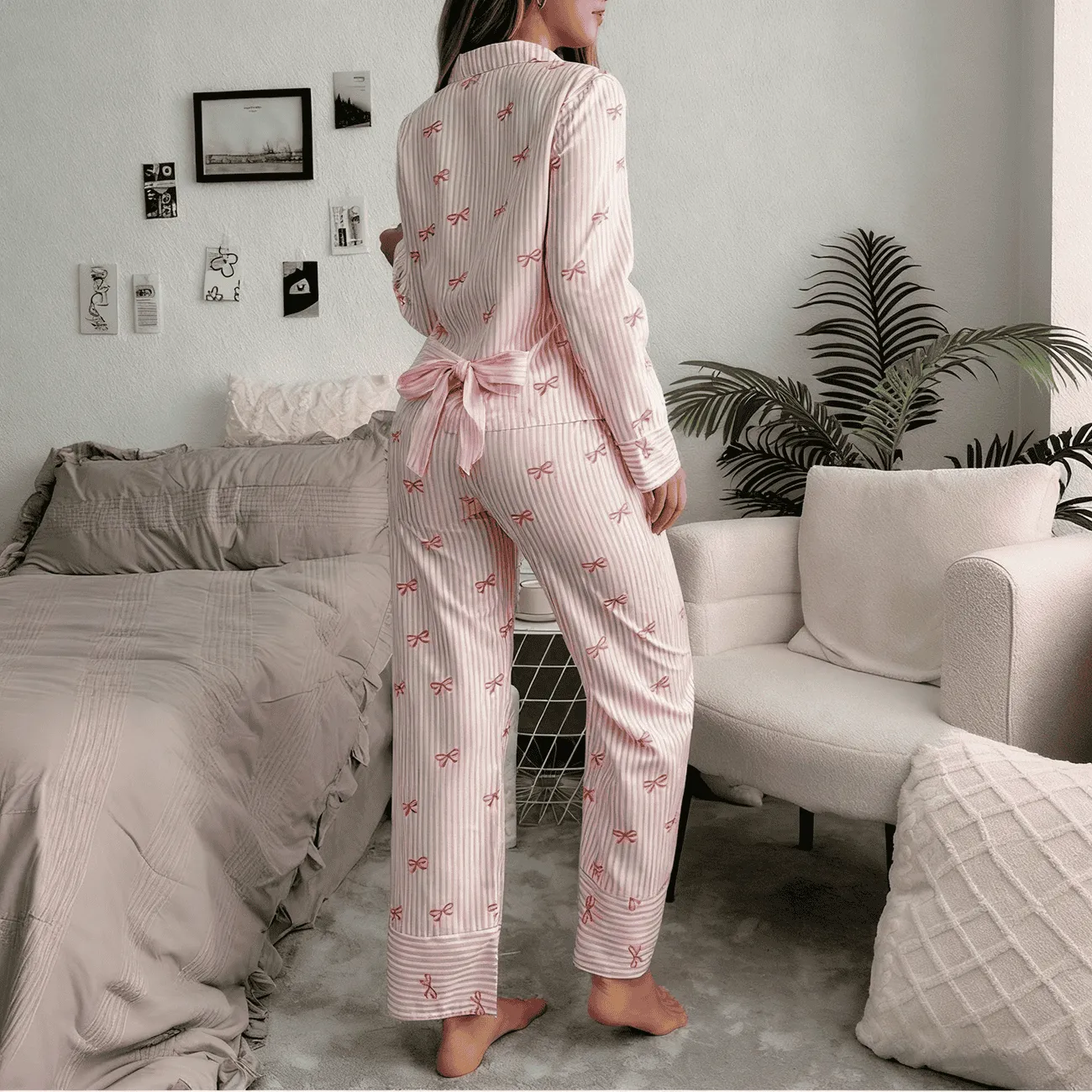 Custom Womens Pink Striped Bow Print Pajama Set Long Sleeve Button Front Sleepwear