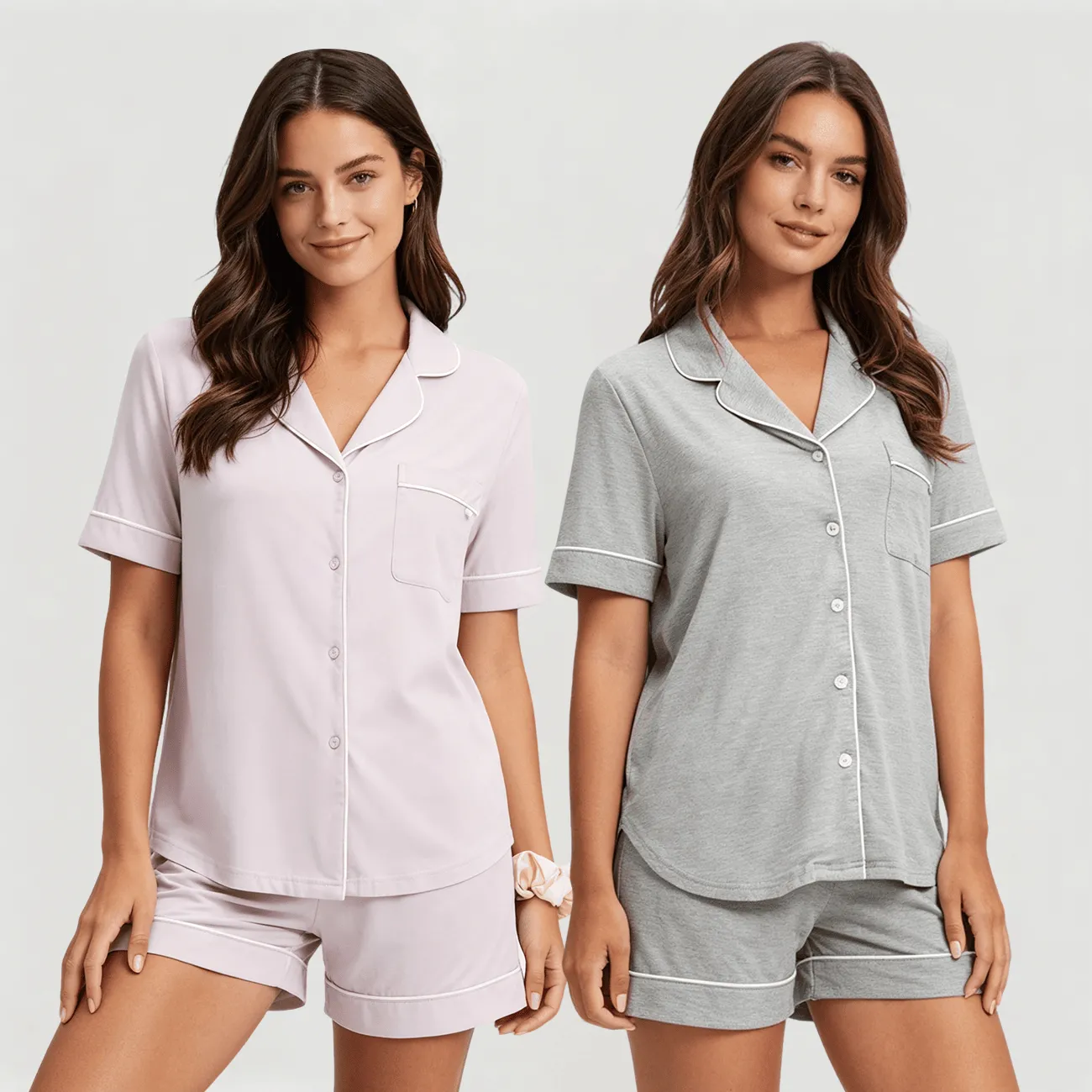 Custom 100 Percent Bamboo Womens Short Sleeve Pajama Set Turn Down Collar Drawstring Shorts Printed or Solid OEM