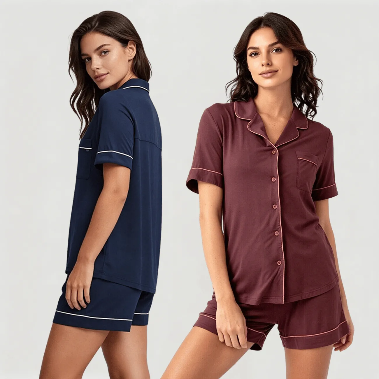 Custom 100 Percent Bamboo Womens Short Sleeve Pajama Set Turn Down Collar Drawstring Shorts Printed or Solid OEM