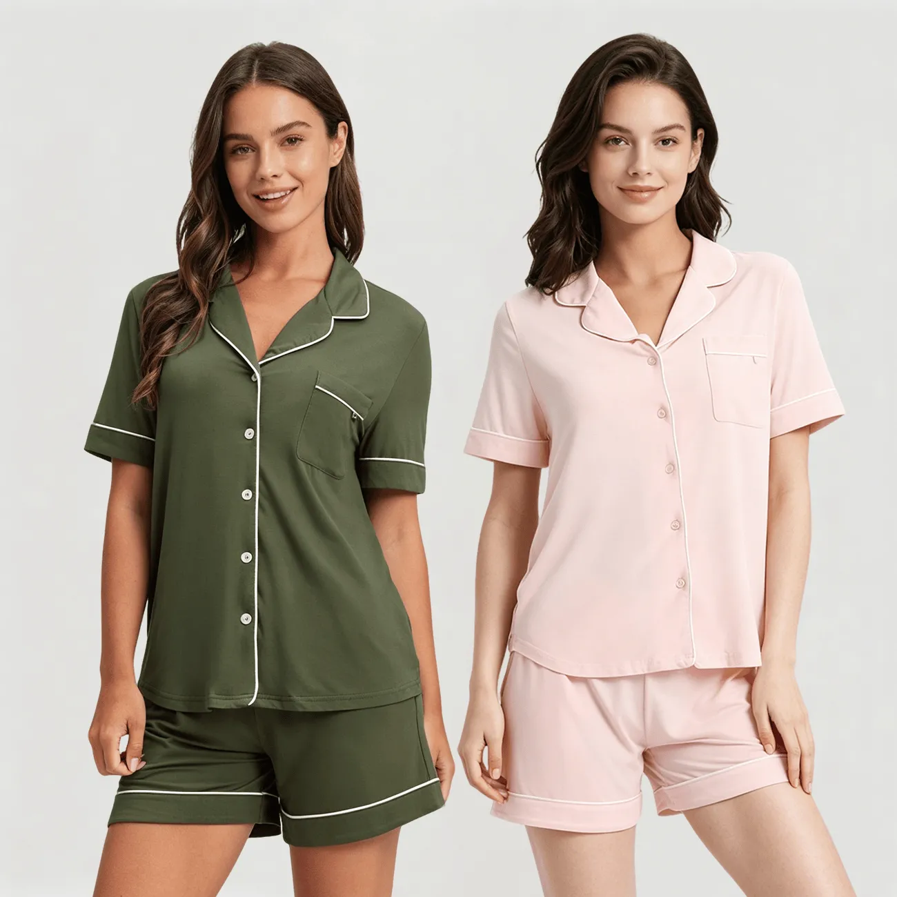 Custom 100 Percent Bamboo Womens Short Sleeve Pajama Set Turn Down Collar Drawstring Shorts Printed or Solid OEM